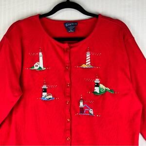 LasOLas Red Buttoned Combed Cotton Lighthouse Cardigan Sweater Size 1X Coastal